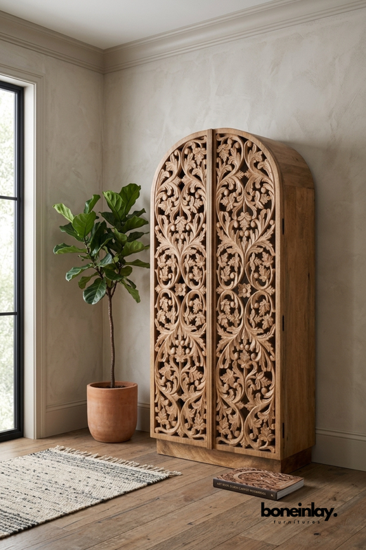 Natural mango wood arched wardrobe featuring dense floral and scrollwork hand-carved paneling across double doors. Rounded arch top and solid wood grain add old-world architectural charm to the piece. Styled beside a fiddle leaf fig plant with a woven jute rug and carved wood book. A striking large-scale storage wardrobe for bedrooms and living spaces.