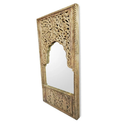 Arched wood accent mirror in a rustic finish, side profile view revealing frame depth, carved vines and rope edging.