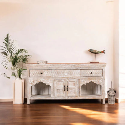 Arched Wood Sideboard in distressed white, styled in a living room with open side alcoves and a central cabinet.