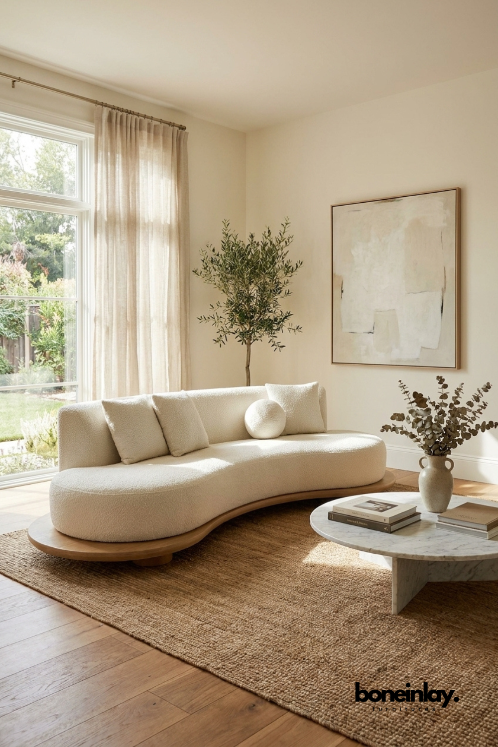 Modern curved bouclé sofa couch in off-white with low-profile wooden plinth base
