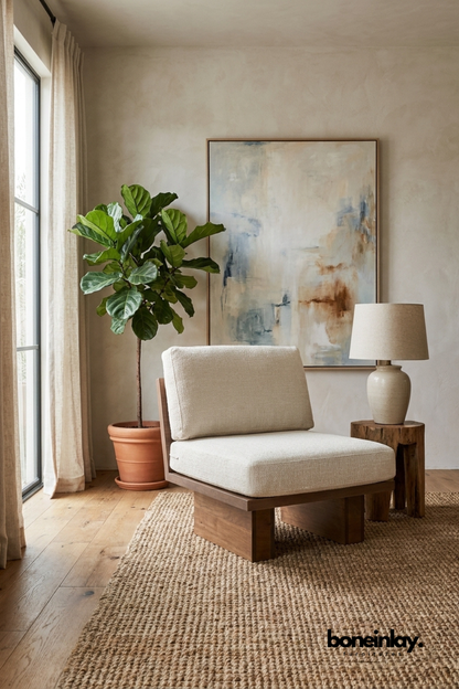 Modern accent lounge chair with solid wood base and cream upholstered cushions, contemporary minimalist chair with clean geometric silhouette.