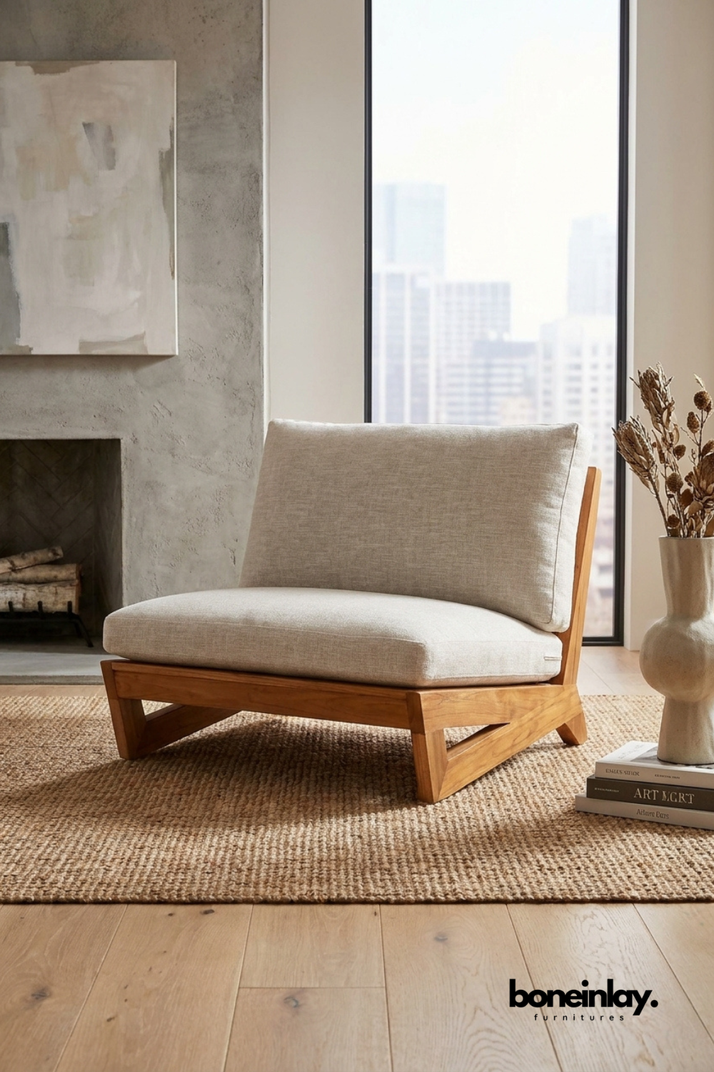 Contemporary armless lounge chair with natural wood frame and cream upholstered cushion, minimalist accent seating with low-profile design.