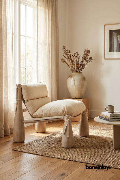 Minimalist low-profile lounge chair with thick cream cushions and unique chunky wooden legs
