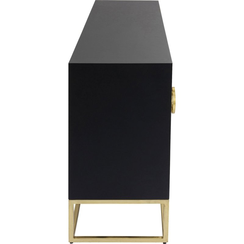 Artisan-crafted bone inlay sideboard in black with four-door design, radiating starburst inlay pattern, and circular gold brass pulls on each door
