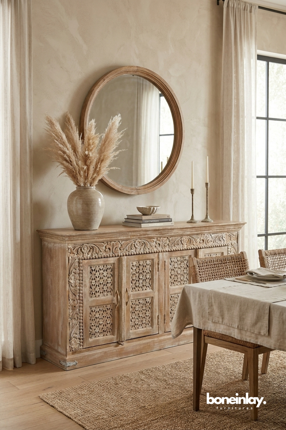 Classic carved wooden buffet showcasing intricate floral motifs and refined farmhouse elegance.