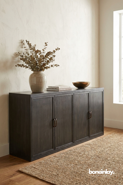 Minimalist Dark Wood Sideboard Cabinet with Clean Lines and Four Door Storage Design