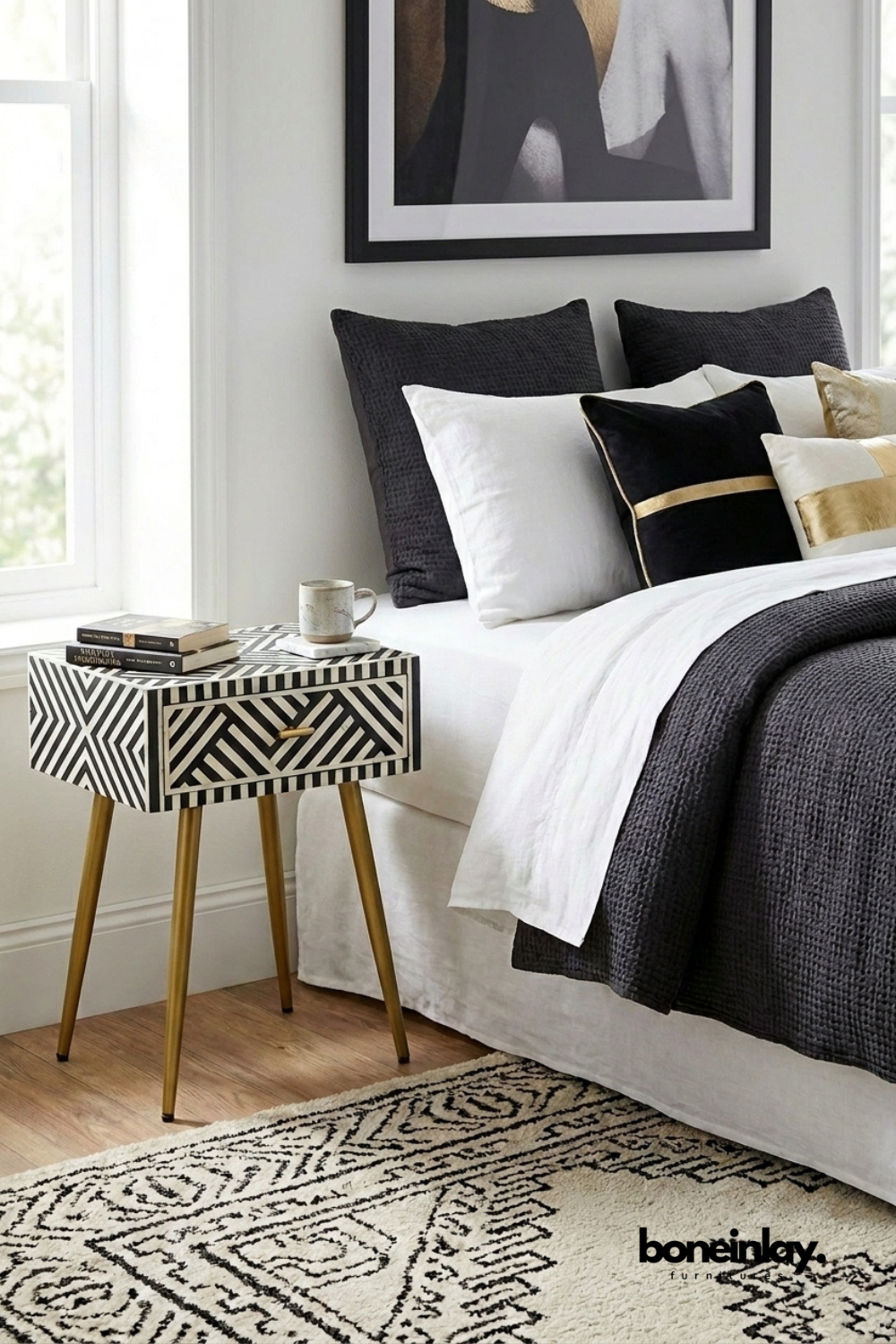 Black and White Bone Inlay One Drawer Accent Table with Gold Tapered Legs