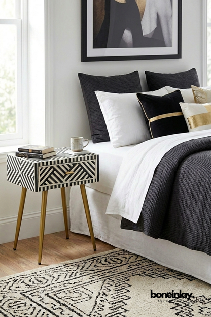 Black and White Bone Inlay One Drawer Accent Table with Gold Tapered Legs