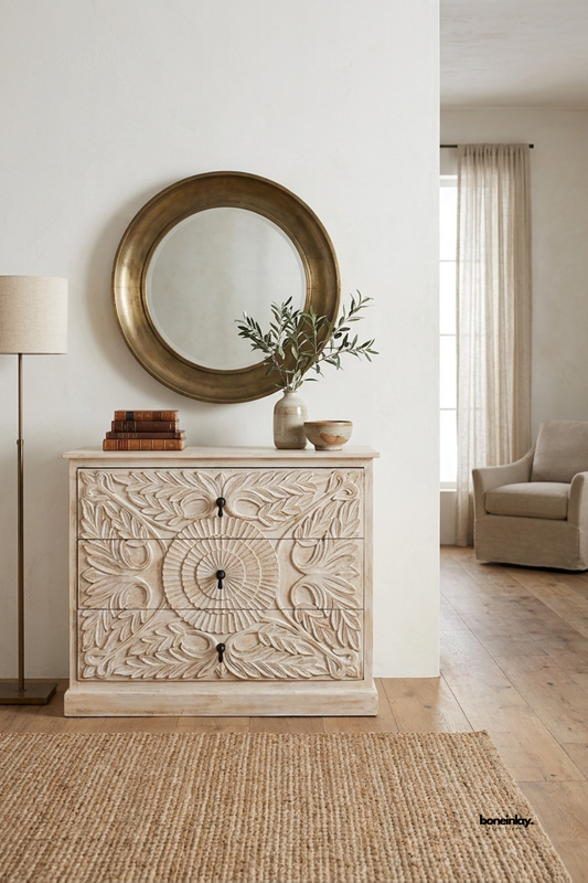 Hand-carved whitewashed wooden 3-drawer dresser featuring an ornate botanical rosette medallion relief across the drawer fronts and classic dark drop-pull hardware. Styled in a sunlit rustic bohemian room beside a clawfoot tub, exposed white brick wall, and woven floor rug, this artisan storage chest brings vintage charm and textural elegance to bedroom or bath interiors.