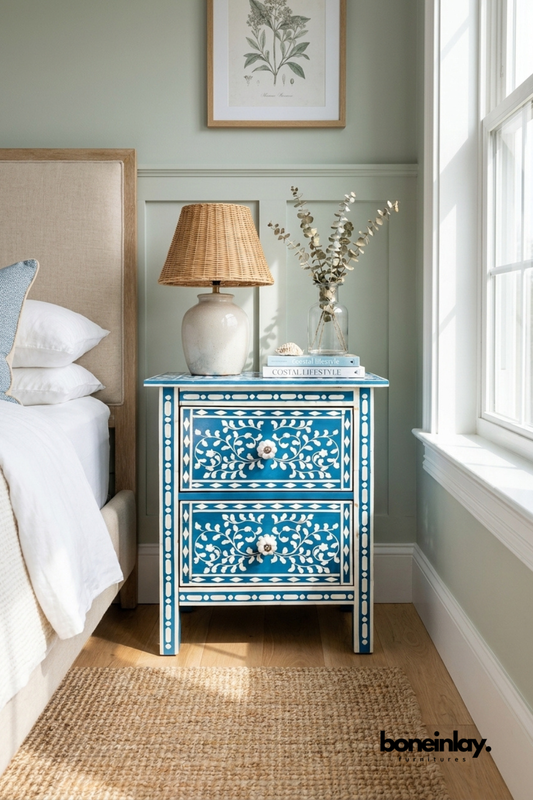 Blue Bone Inlay Nightstand with White Floral Design in Coastal Inspired Bedroom