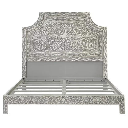 Artisan Bone Inlay Solid Mango Wood Bed Frame with Camelback Headboard Covered in White Floral Inlay on Grey Base