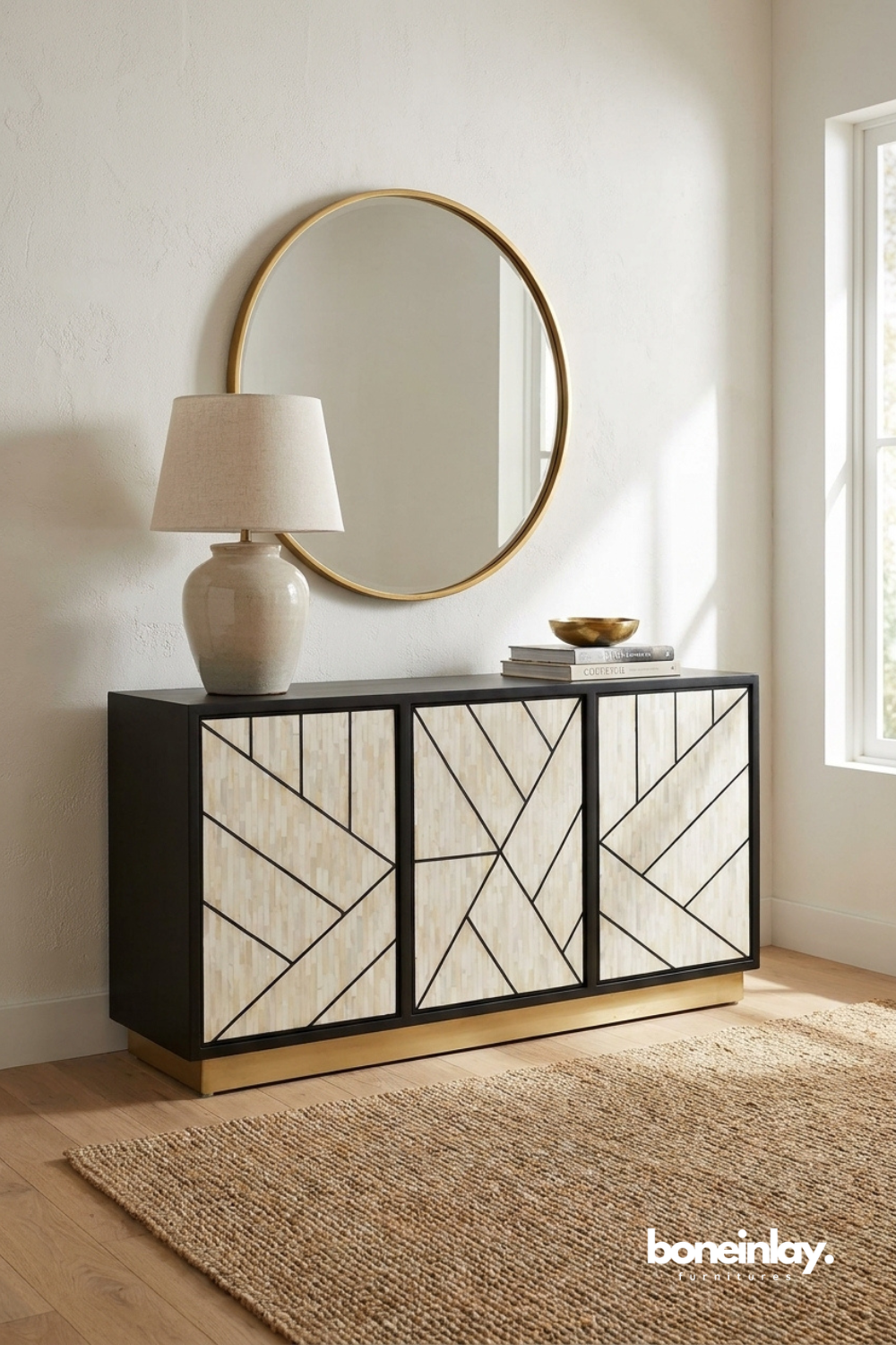 Contemporary black and ivory bone inlay cabinet featuring striking geometric artistry and modern sophistication.