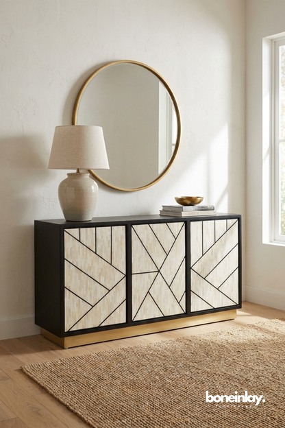 Contemporary black and ivory bone inlay cabinet featuring striking geometric artistry and modern sophistication.
