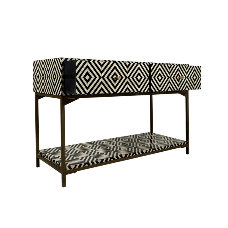 Artisan crafted bone inlay hallway console table with monochrome diamond inlay, two drawers with brass pulls, open lower shelf and dark metal legs