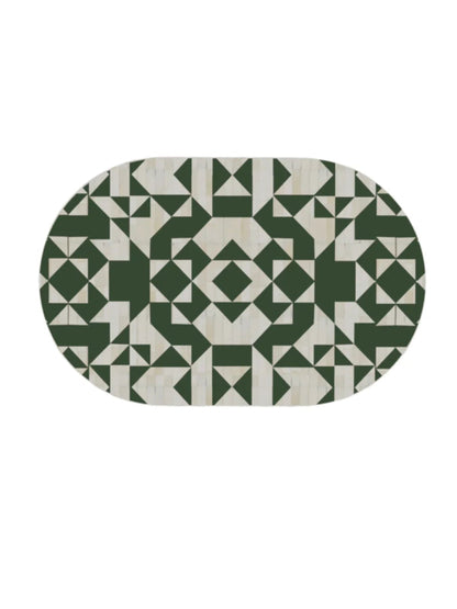 Artisan bone inlay oval Coffee table with striped black white body geometric patterned top and curved brass base handmade furniture