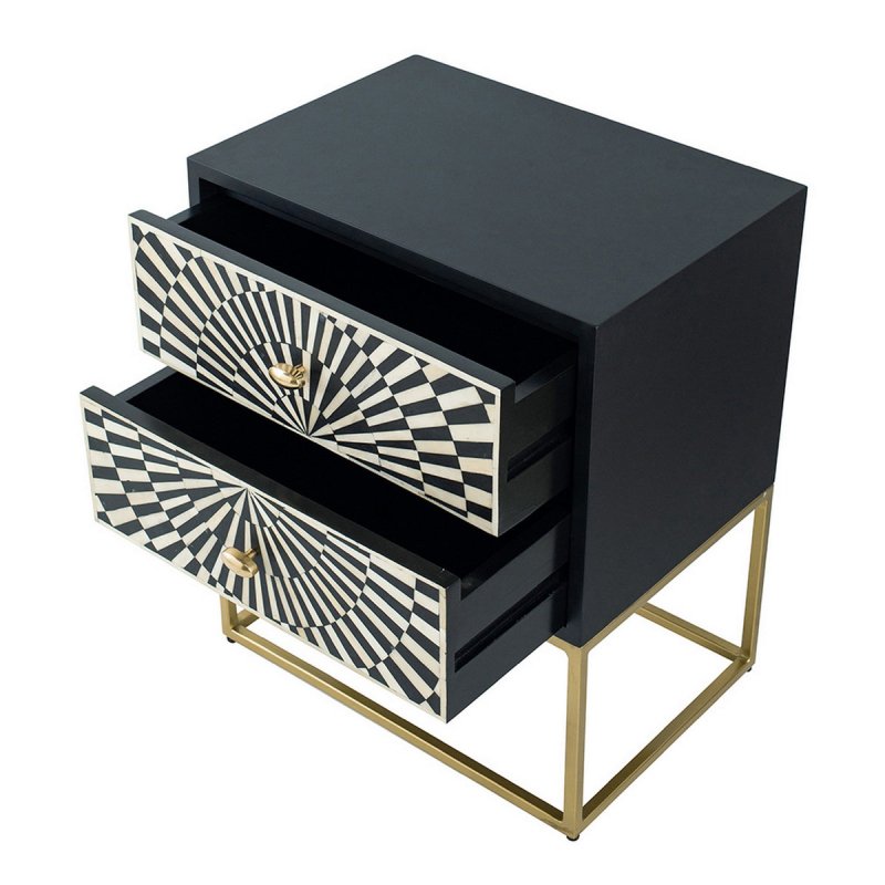 Artisan crafted bone inlay sunrise nightstand with gold-finished metal legs, two storage drawers, and hand-set bone and resin sunburst motif