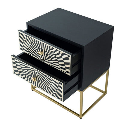 Artisan crafted bone inlay sunrise nightstand with gold-finished metal legs, two storage drawers, and hand-set bone and resin sunburst motif