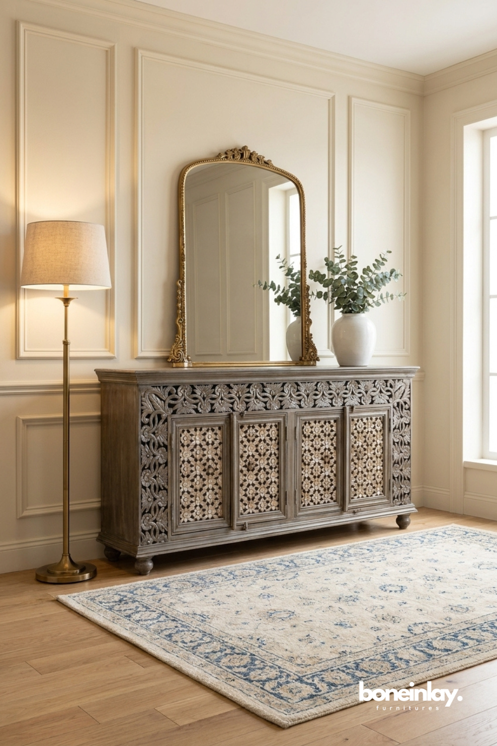 Hand carved buffet cabinet with floral lattice doors and antique washed wood finish.