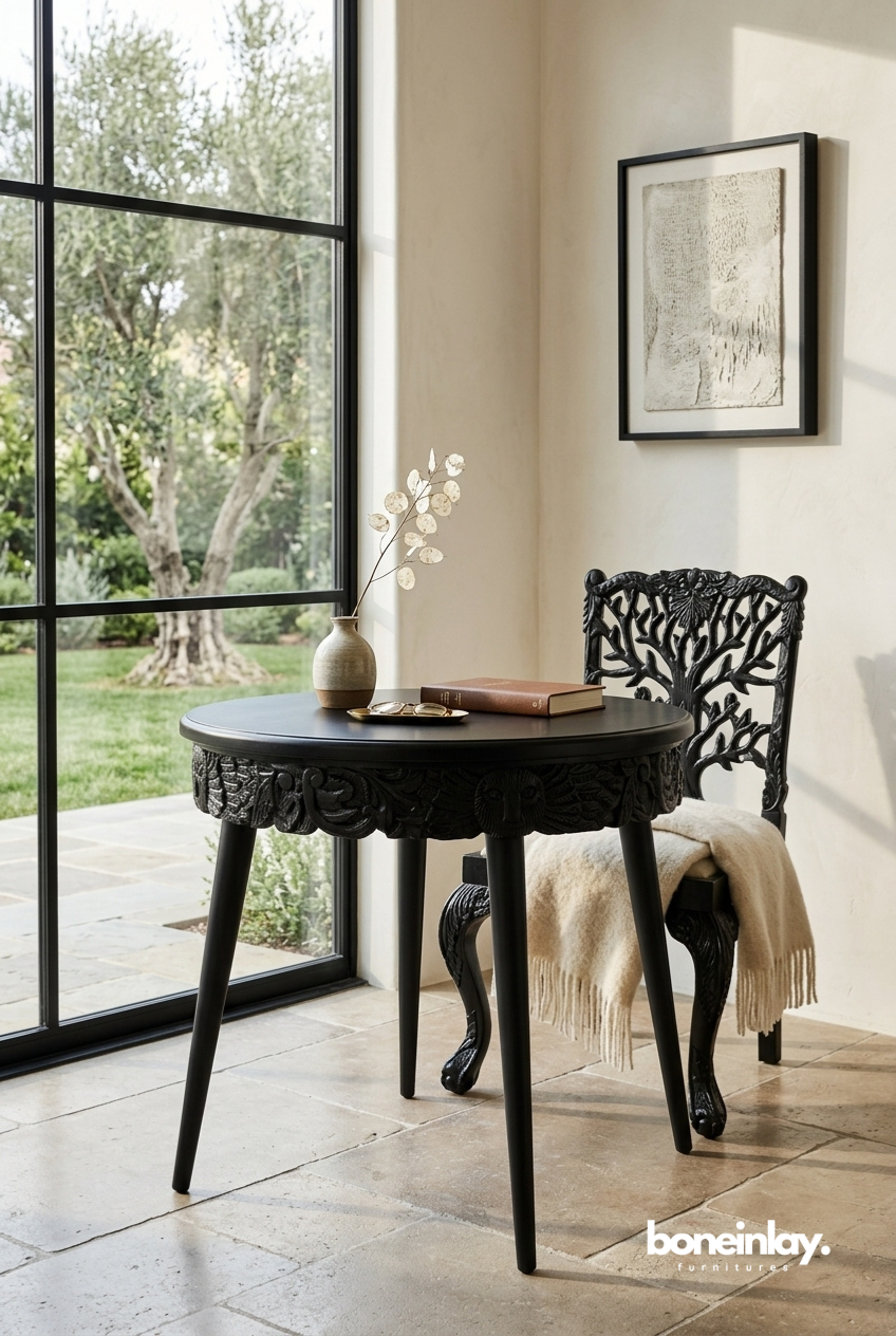 Artisan Hand-Carved Black Round Bistro Table