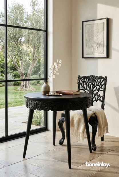 Artisan Hand-Carved Black Round Bistro Table