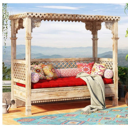 Artisan Hand-Carved Solid Wood Canopy Daybed with Lattice Detail