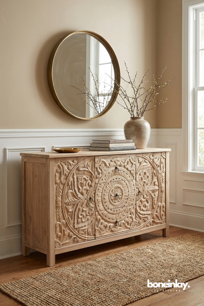 Hand carved mandala sideboard cabinet with ornate circular motif and spacious storage design.
