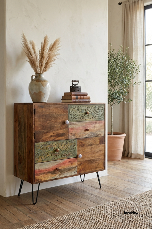 Reclaimed wood accent cabinet featuring a mixed patchwork of carved and natural wood drawer and door fronts. Black hairpin legs add a modern industrial contrast to the rustic, multi-toned surface. Styled with a stoneware jug, dried pampas grass, and stacked leather books beside an olive tree. A characterful statement cabinet for eclectic and bohemian interiors.