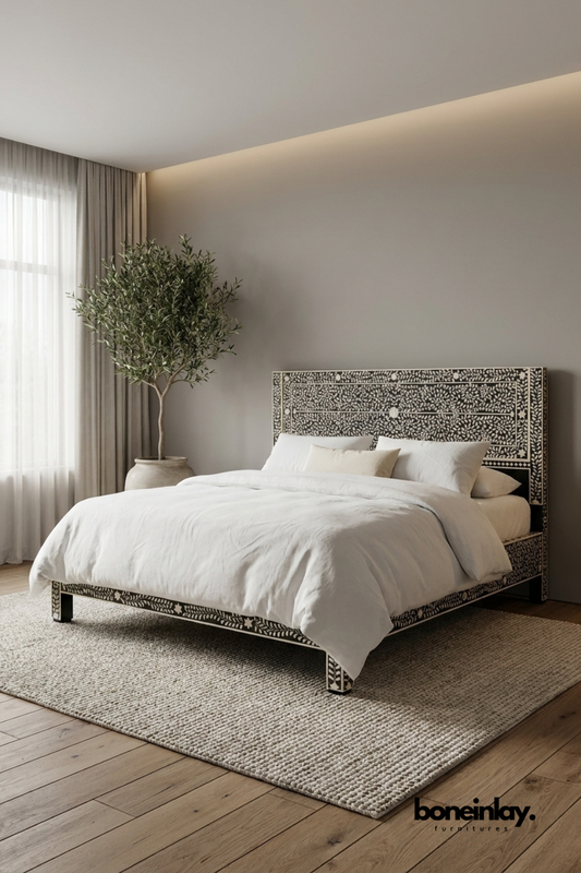 Black and White Bone Inlay Platform Bed Frame