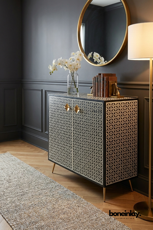 Blue and white bone inlay two door cabinet with geometric pattern, brass knobs, black frame, and tapered brass legs, handcrafted storage cabinet for entryway, hallway, living room, or bedroom.