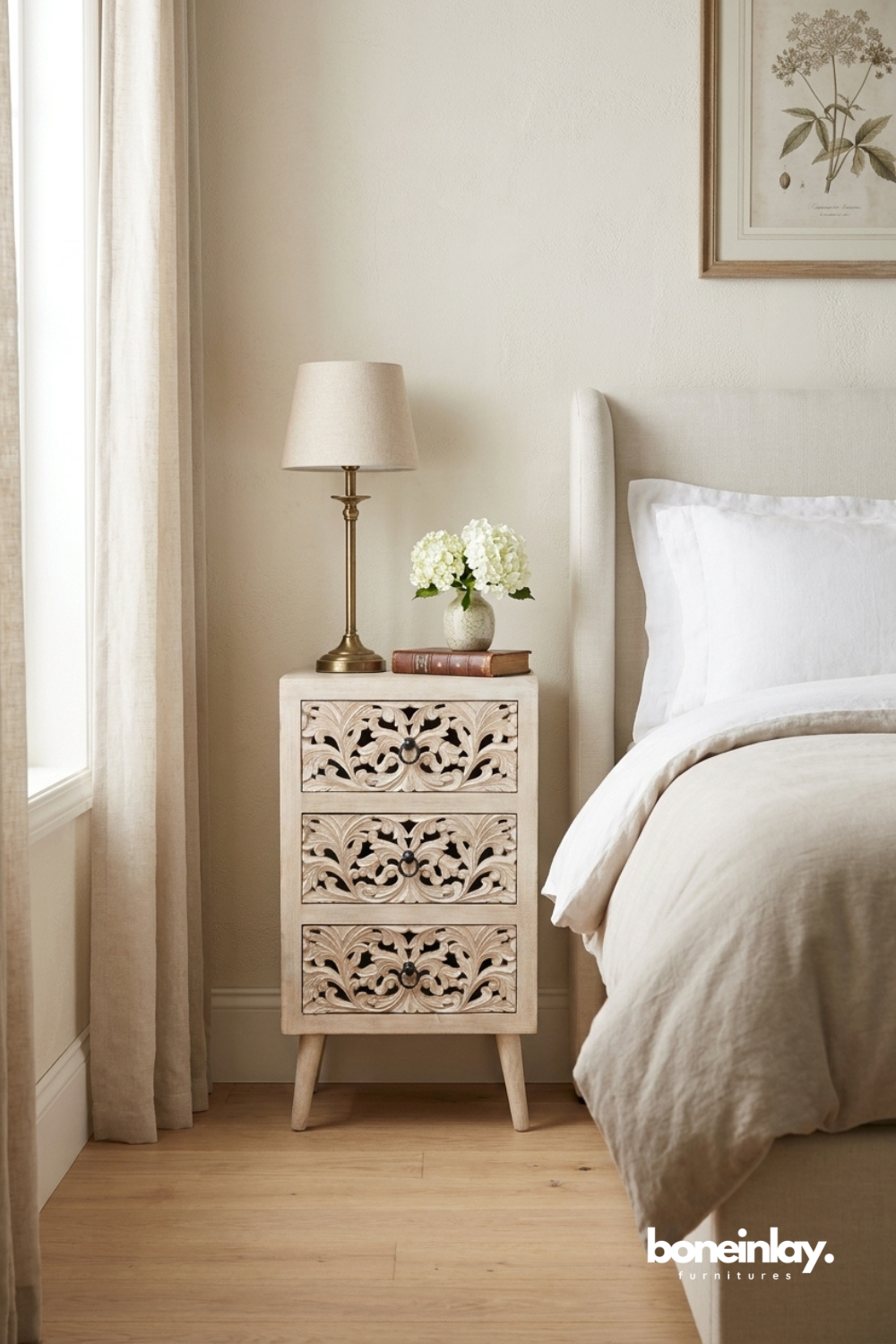 Whitewashed Hand Carved Three Drawer Bedside Table with Floral Design