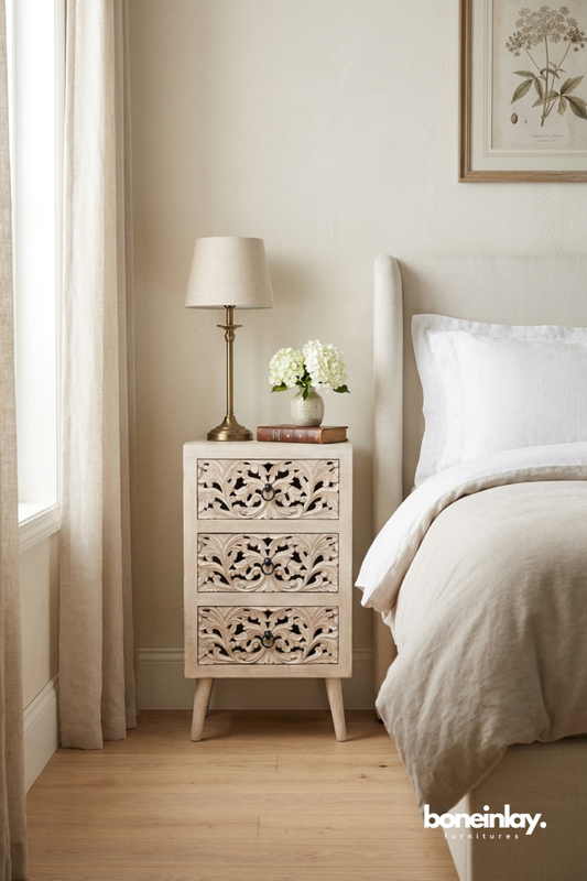 Whitewashed Hand Carved Three Drawer Bedside Table with Floral Design