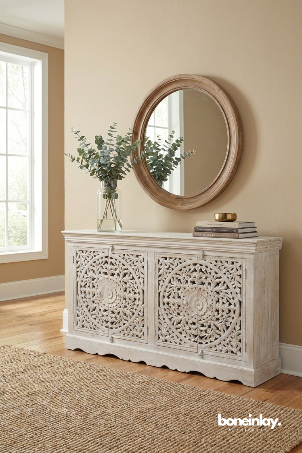 Elegant whitewashed carved sideboard featuring intricate mandala-inspired detailing and timeless artisan charm.