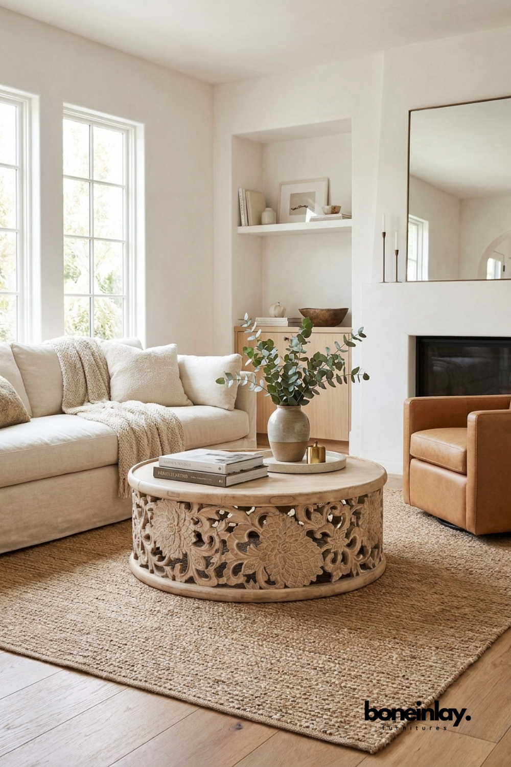 Intricately hand-carved natural wooden round coffee table, bohemian rustic luxury living room furniture, artisan crafted statement piece .