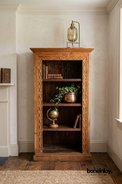 Handcrafted solid wood open bookshelf with decorative carved border, rustic natural wood finish, spacious display shelving unit for books, décor, and home organization.