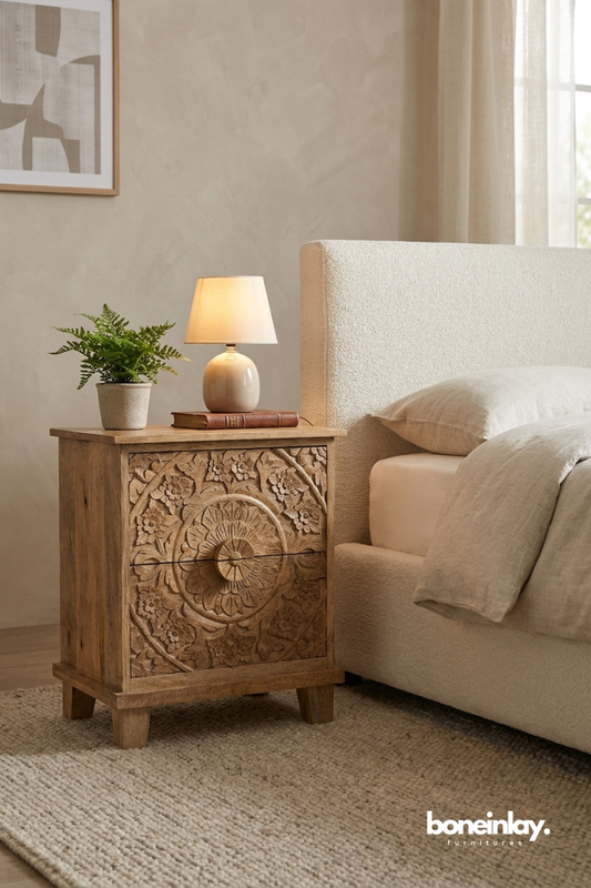 Natural Wood Two Drawer Bedside Table with Hand Carved Floral Medallion Design