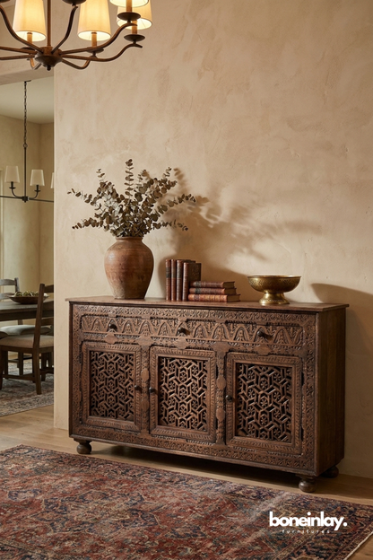 Rustic Hand Carved Wooden Sideboard Cabinet with Traditional Moroccan Lattice Door Panels