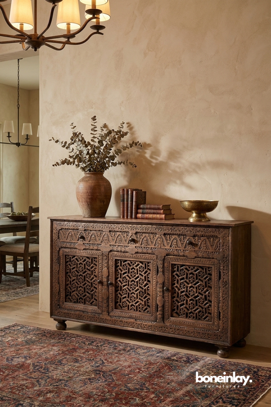 Rustic Hand Carved Wooden Sideboard Cabinet with Traditional Moroccan Lattice Door Panels
