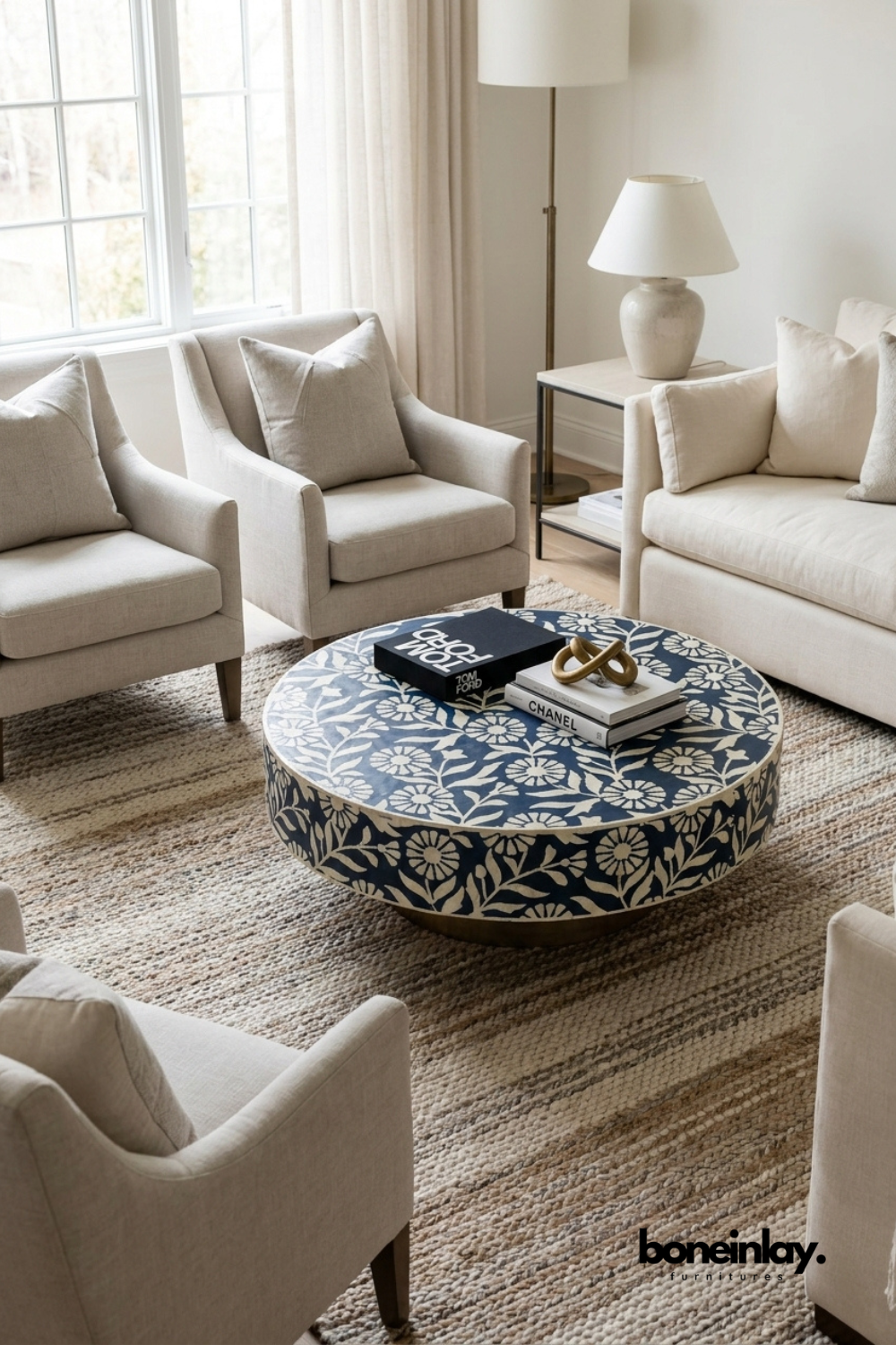 Blue and white floral pattern bone inlay round coffee table, artisan living room furniture, elegant handcrafted designer centerpiece.