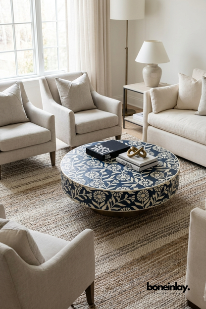 Blue and white floral pattern bone inlay round coffee table, artisan living room furniture, elegant handcrafted designer centerpiece.