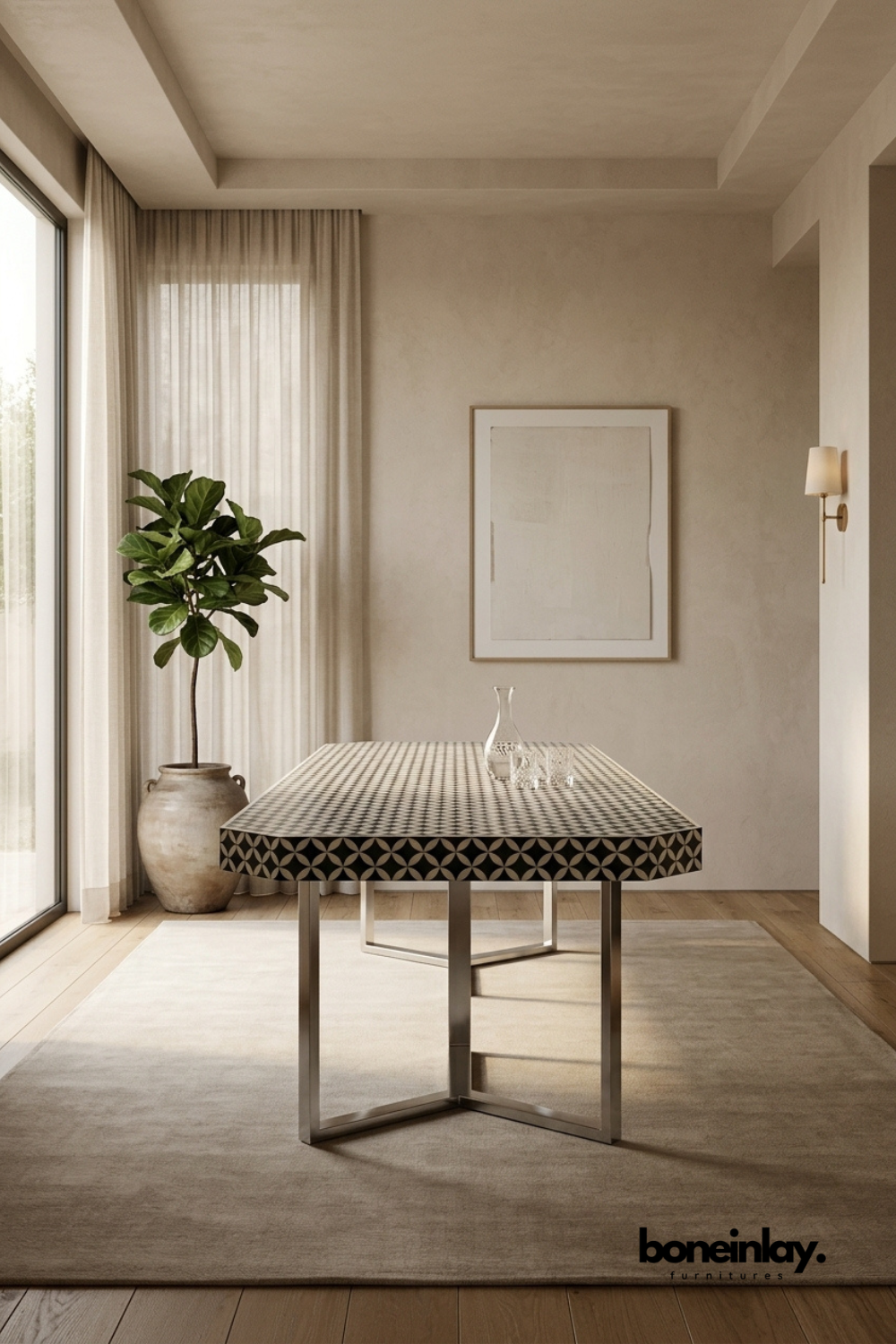 Rectangular dining table with a black and white bone inlay top.
Intricate geometric checkerboard pattern covers the entire surface.
Sits on a sleek stainless steel cross-frame base.
Styled in a minimalist dining space beside a large potted fig tree.