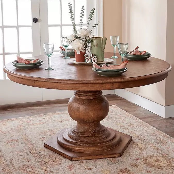 Artisanal Round Pedestal Dining Table – Hand-Carved Solid Wood Heritage Design