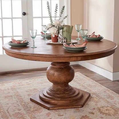 Artisanal Round Pedestal Dining Table – Hand-Carved Solid Wood Heritage Design