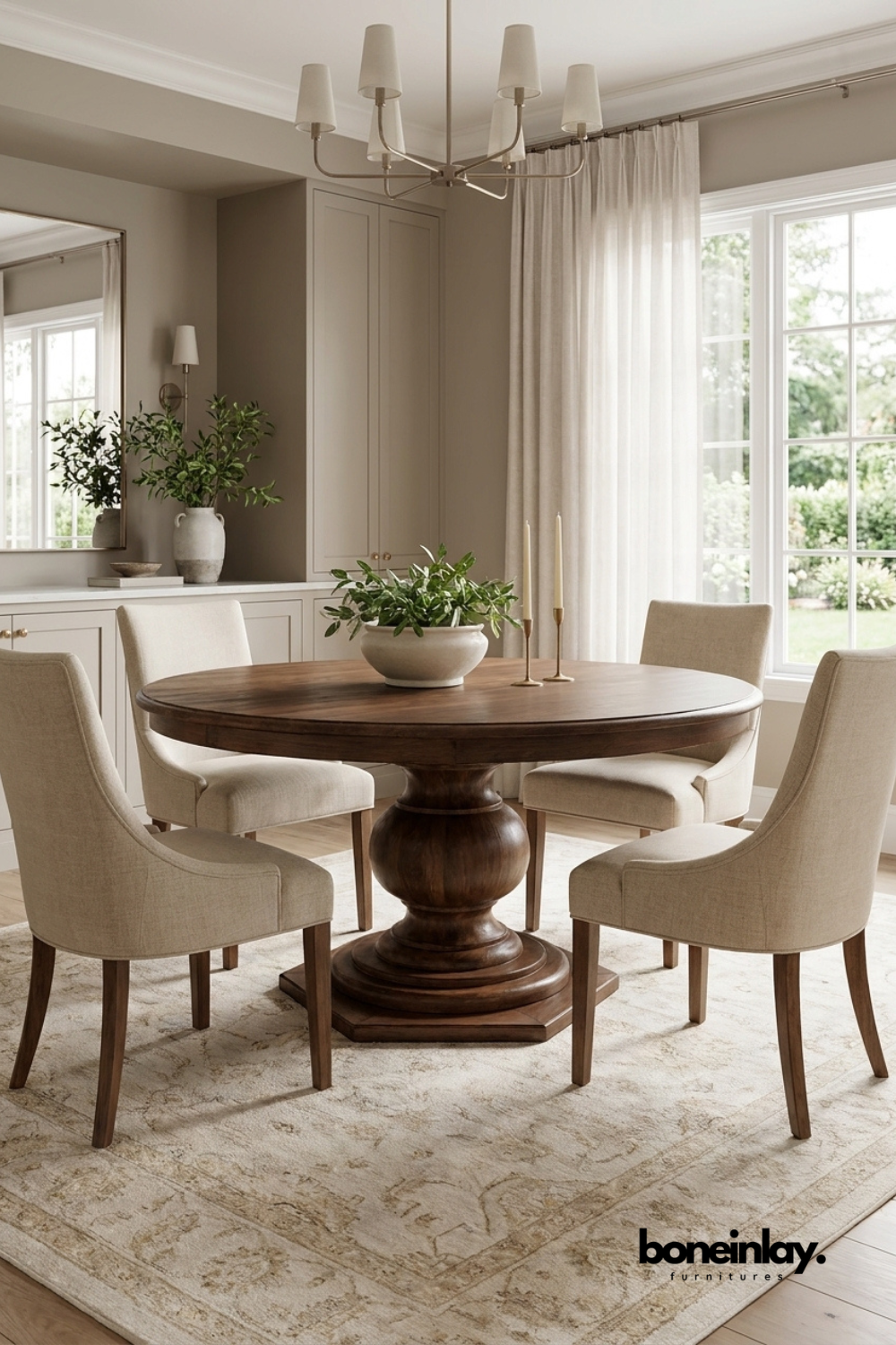 Round Solid Wood Pedestal Dining Table with Upholstered Dining Chairs and Traditional Base