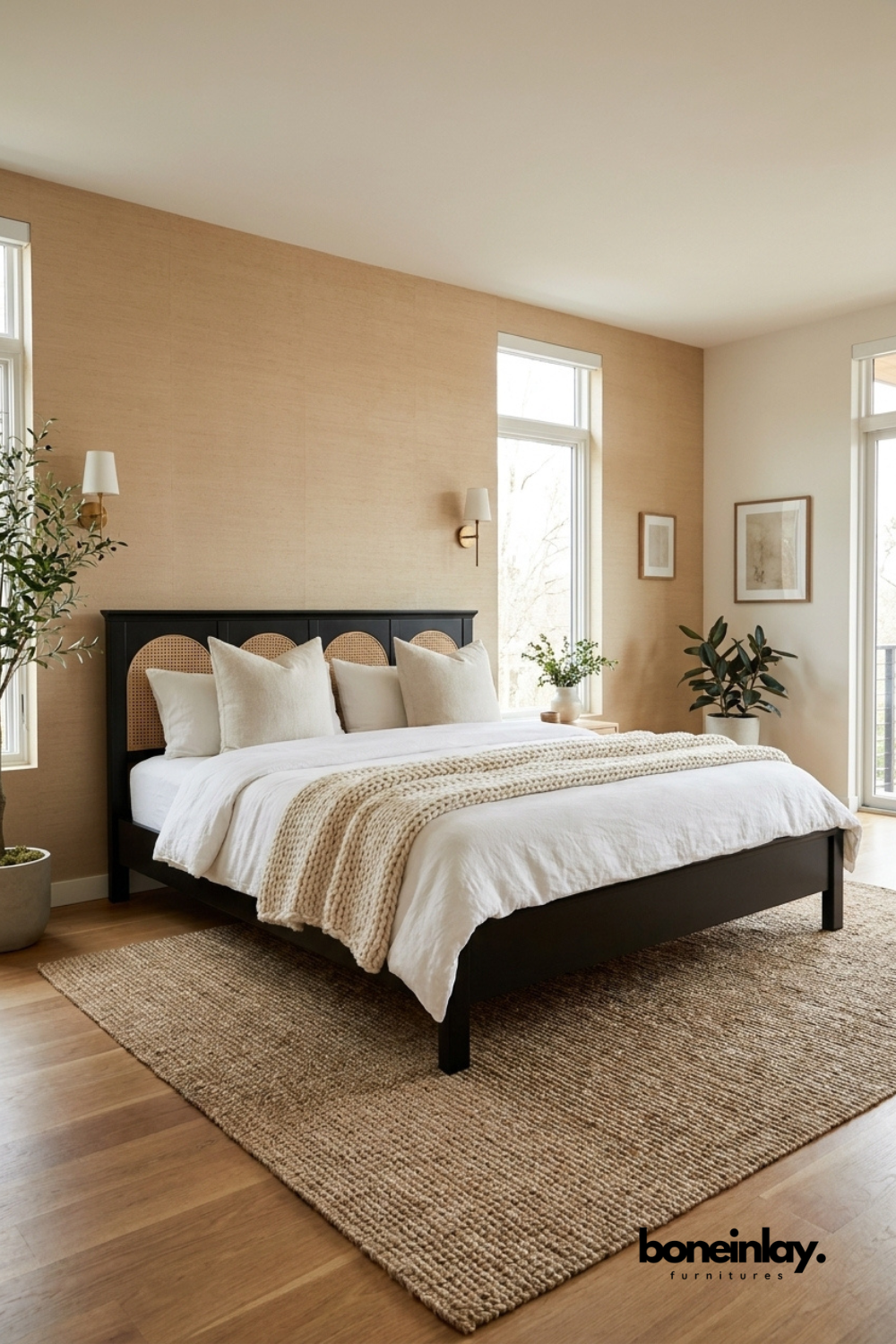 Black Wood Bed Frame with Cane Arch Panel Headboard