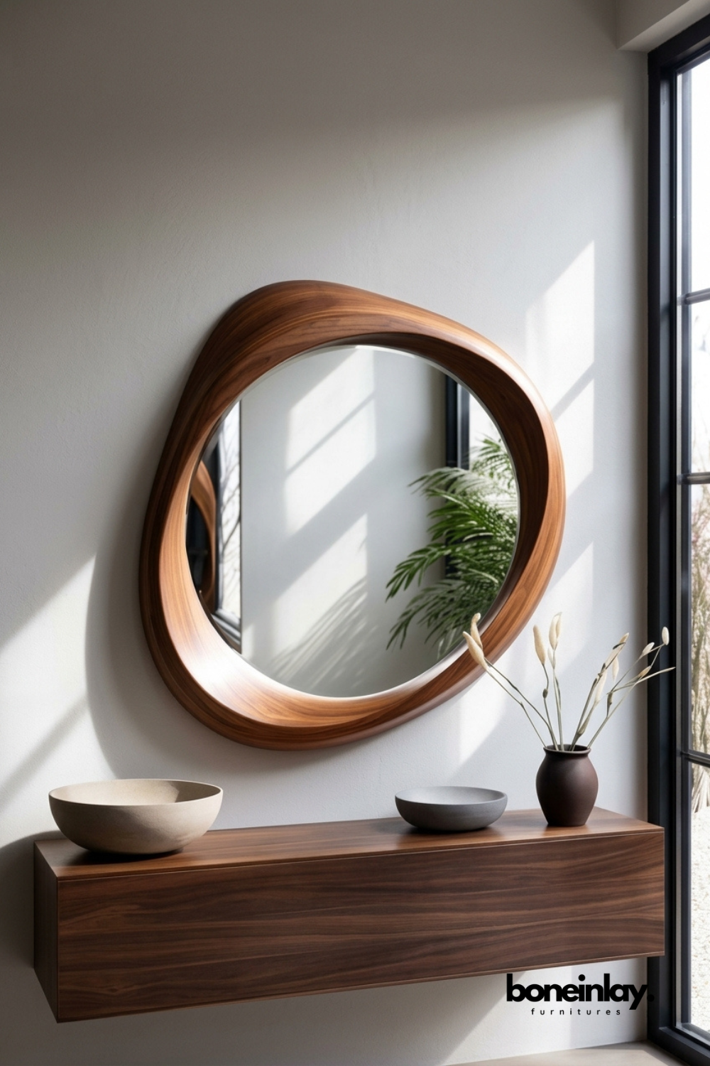 Organic-shaped wood mirror with a sculptural curved walnut frame.
Smooth wavy edges give the mirror an asymmetrical, artistic silhouette.
Rich walnut wood grain adds warmth and natural texture.
Styled above a floating walnut console with ceramic bowls and a vase.