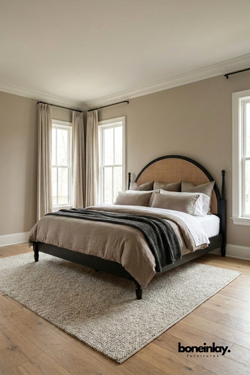 Black wooden bed frame with a round woven cane headboard, dressed in neutral beige bedding and a dark grey throw, placed in a modern bright bedroom.