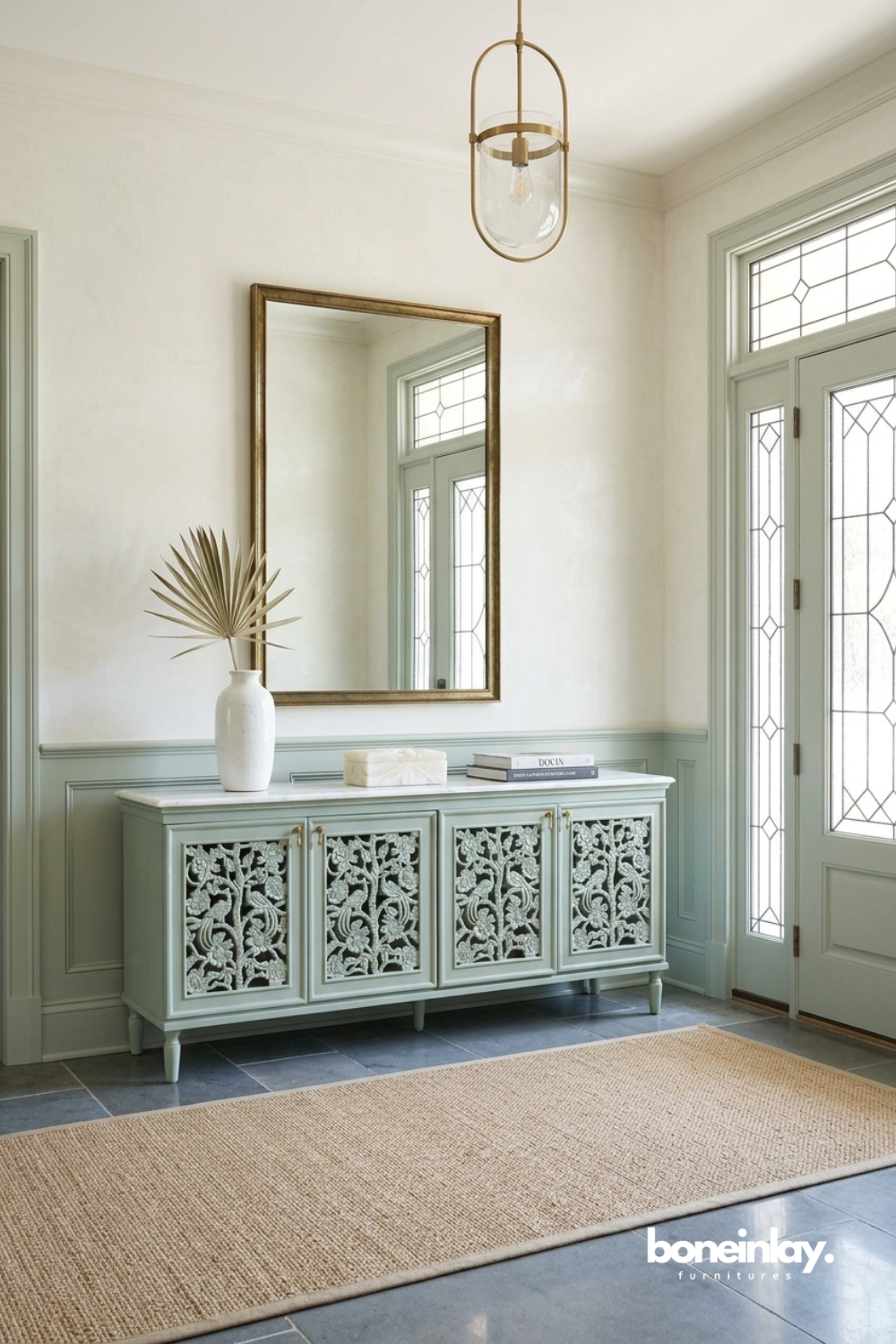 Floral carved wooden sideboard with intricate botanical panel doors and handcrafted detailing.