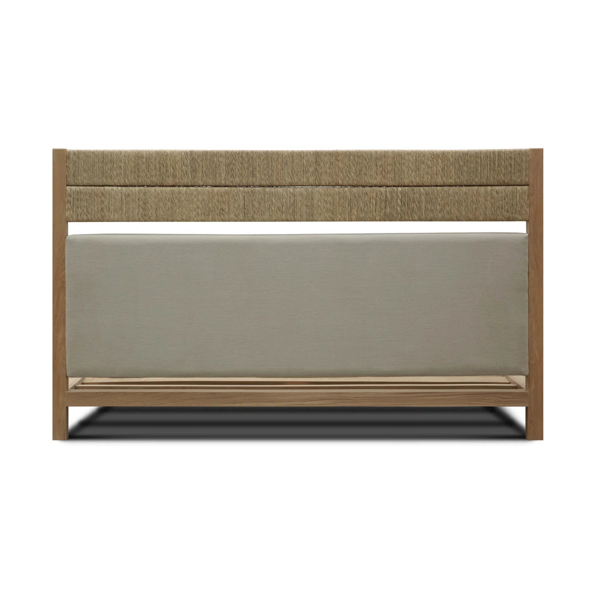 Natural Upholstered Platform Bed with Woven Rope Dual-Panel Headboard
