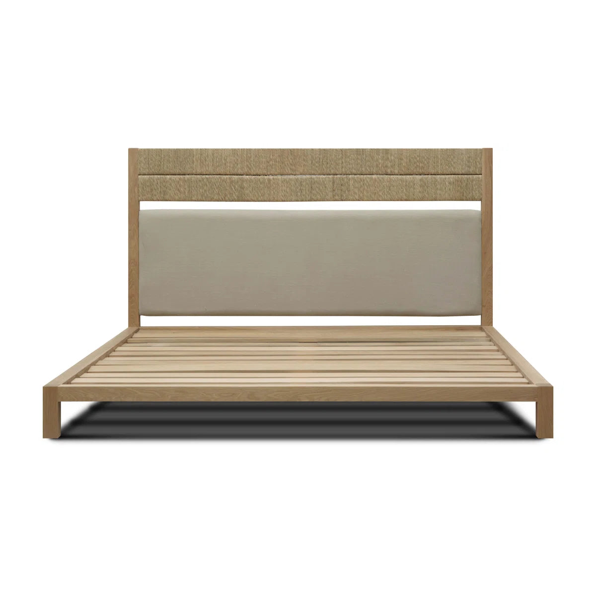 Natural Upholstered Platform Bed with Woven Rope Dual-Panel Headboard