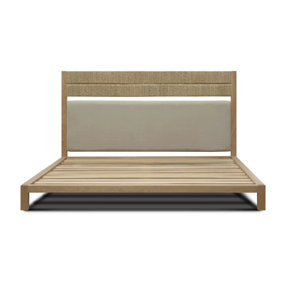 Natural Upholstered Platform Bed with Woven Rope Dual-Panel Headboard